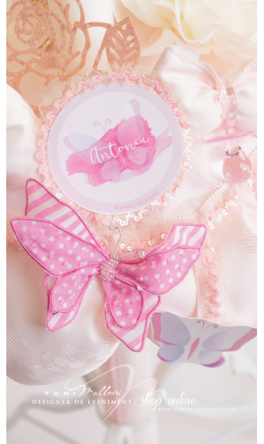 Lumanare de botez pentru fetite cu fluturi si dantele roz, 65x4cm,  Pink Butterfly  7